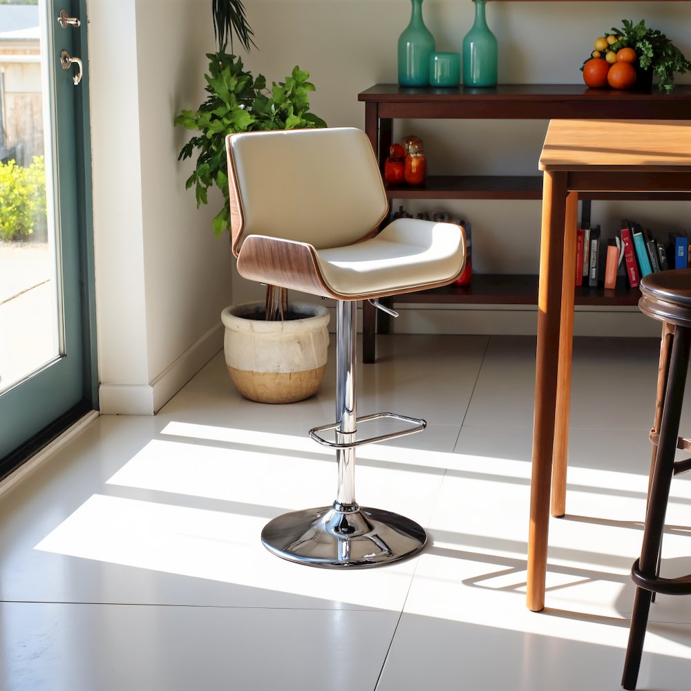 Adjustable Cream Swivel Bar Stool with Walnut Veneer and Chrome Base