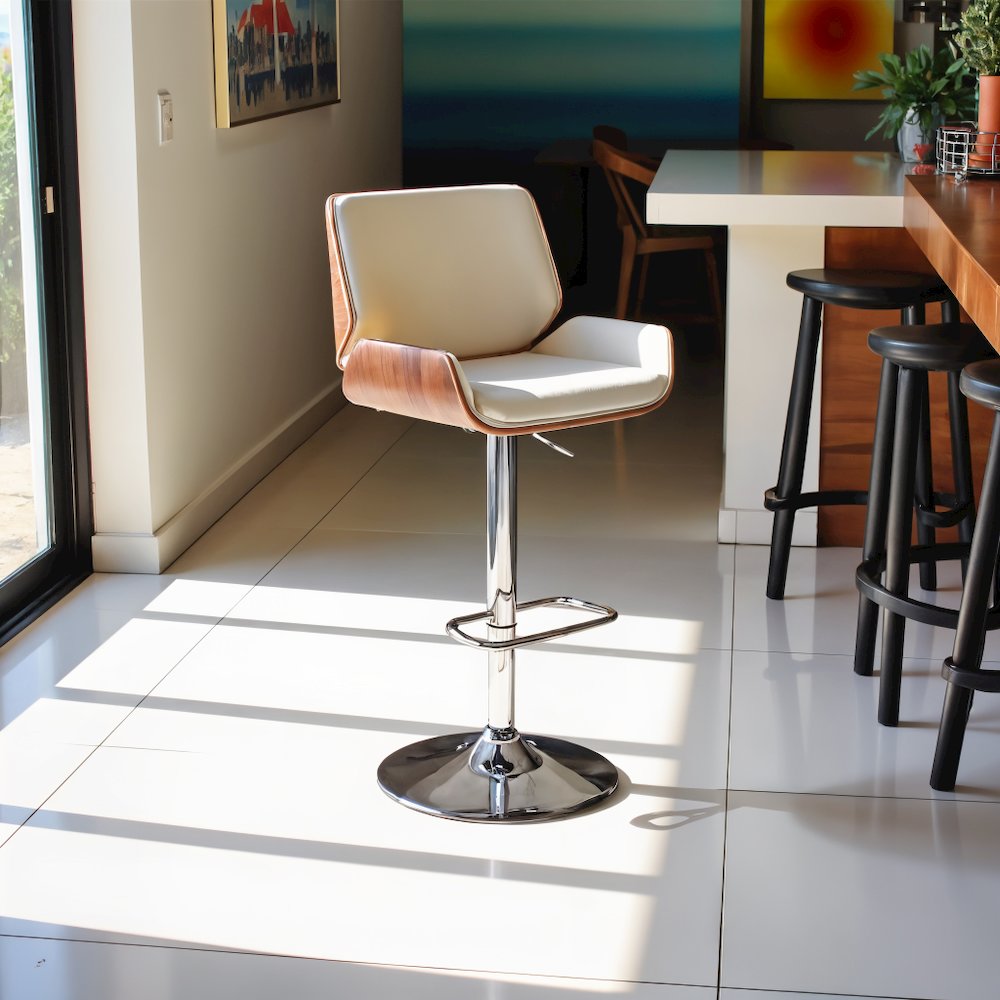 Adjustable Cream Swivel Bar Stool with Walnut Veneer and Chrome Base