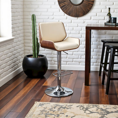 Adjustable Cream Swivel Bar Stool with Walnut Veneer and Chrome Base
