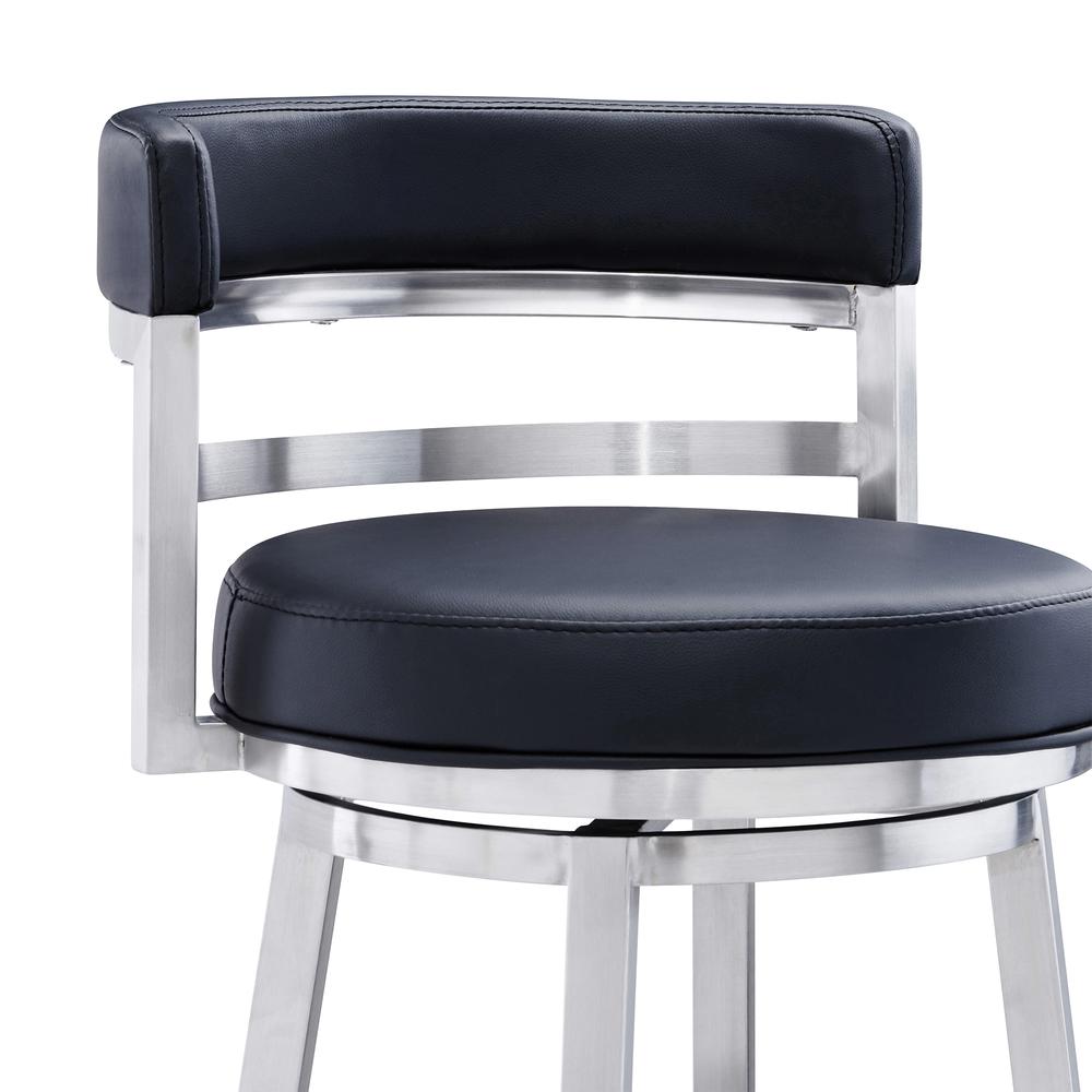 Contemporary 26" Counter Height Barstool in Brushed Stainless Steel Finish Black Faux Leather