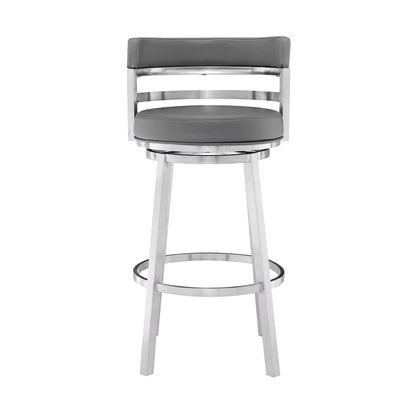 Madrid Contemporary 30" Bar Height Barstool in Brushed Stainless Steel Finish and Grey Faux Leather