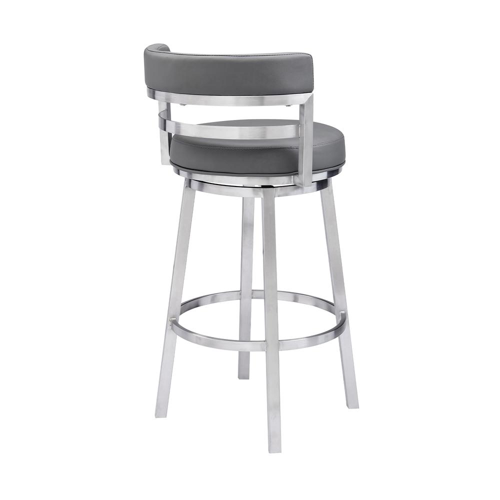 Madrid Contemporary 30" Bar Height Barstool in Brushed Stainless Steel Finish and Grey Faux Leather