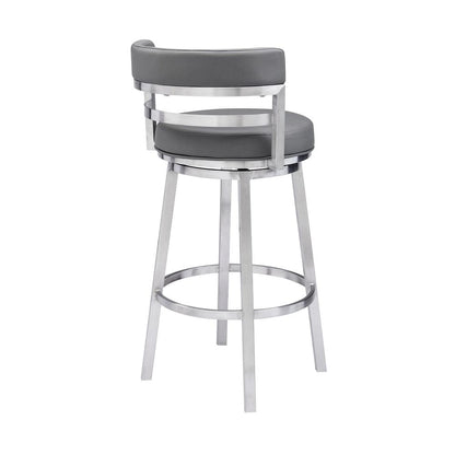 Madrid Contemporary 30" Bar Height Barstool in Brushed Stainless Steel Finish and Grey Faux Leather