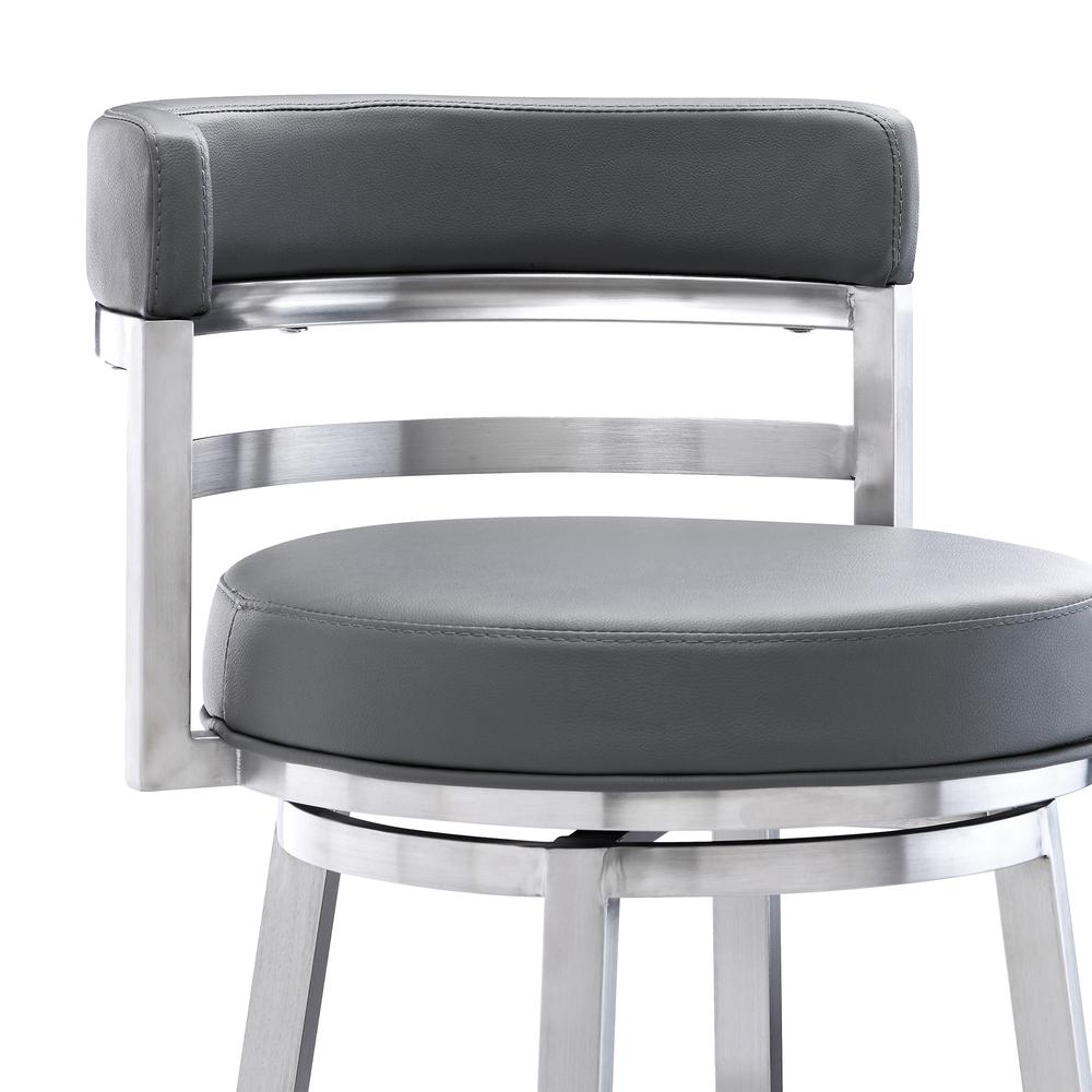 Madrid Contemporary 30" Bar Height Barstool in Brushed Stainless Steel Finish and Grey Faux Leather