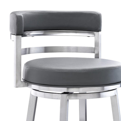 Madrid Contemporary 30" Bar Height Barstool in Brushed Stainless Steel Finish and Grey Faux Leather