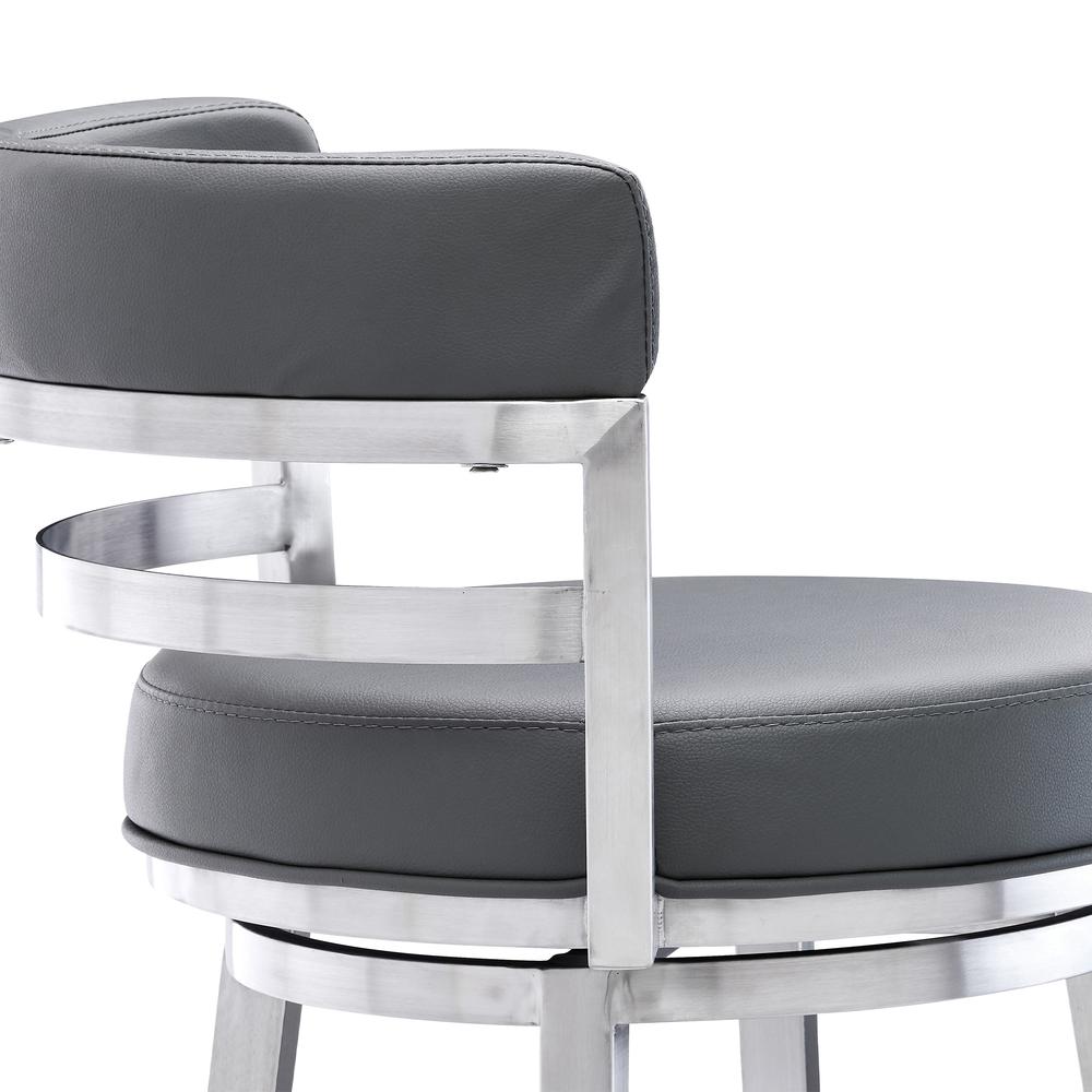 Madrid Contemporary 30" Bar Height Barstool in Brushed Stainless Steel Finish and Grey Faux Leather