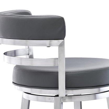 Madrid Contemporary 30" Bar Height Barstool in Brushed Stainless Steel Finish and Grey Faux Leather