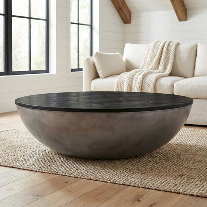Round Concrete Coffee Table with Black Brushed Oak Top and Durable Oak Base