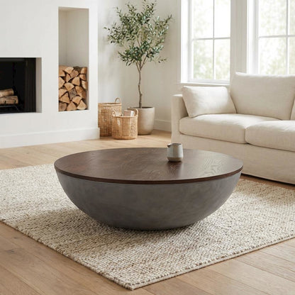 Concrete Round Coffee Table with Brown Brushed Oak Top and Sturdy Wood Base