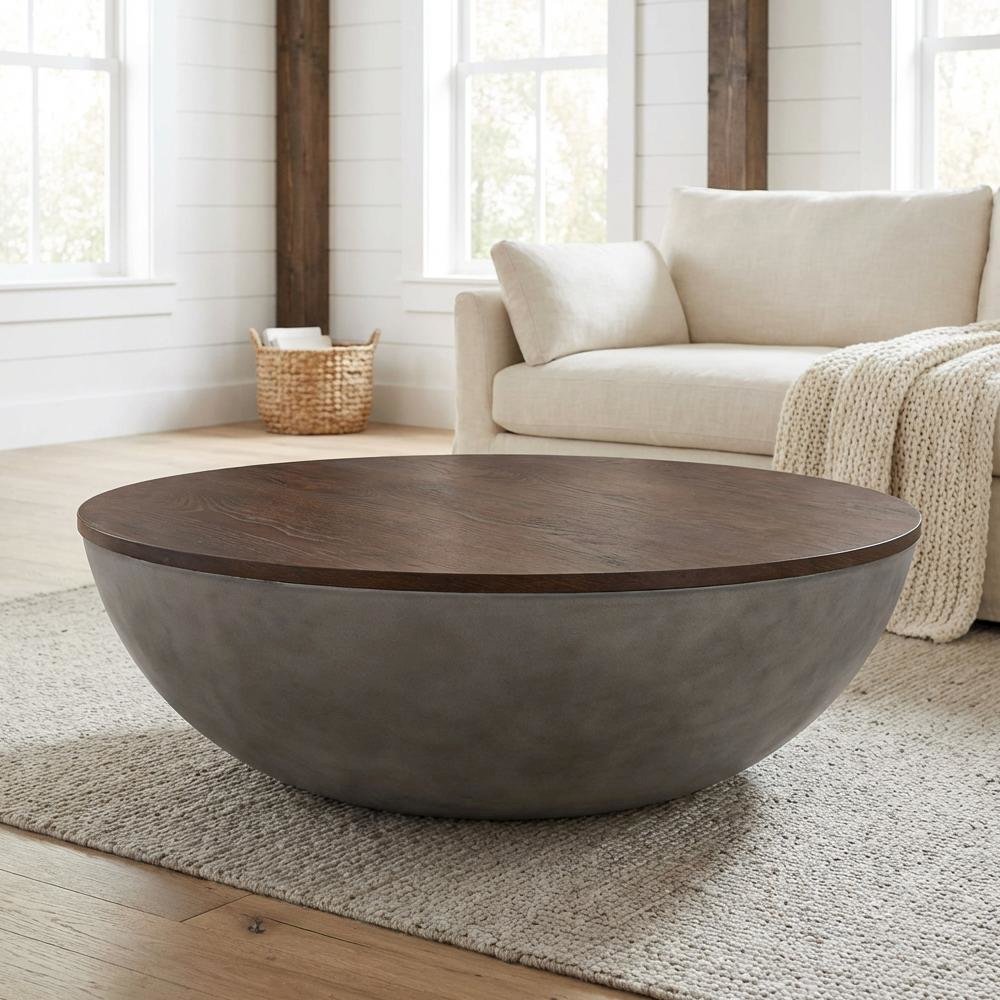 Concrete Round Coffee Table with Brown Brushed Oak Top and Sturdy Wood Base