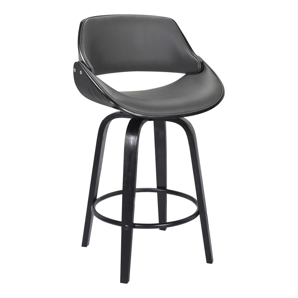 Mona Contemporary 26" Counter Height Swivel Barstool in Black Brush Wood Finish and Grey Faux Leather