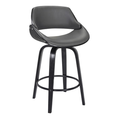 Mona Contemporary 26" Counter Height Swivel Barstool in Black Brush Wood Finish and Grey Faux Leather