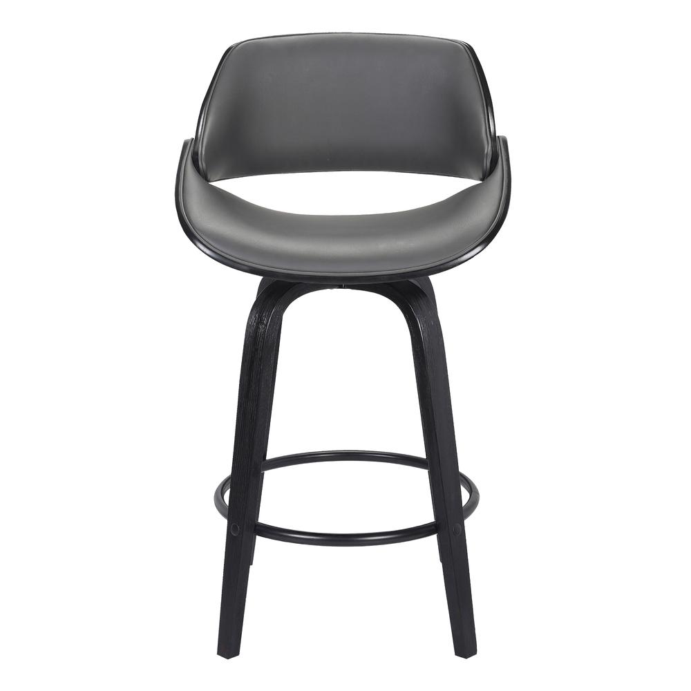Mona Contemporary 26" Counter Height Swivel Barstool in Black Brush Wood Finish and Grey Faux Leather