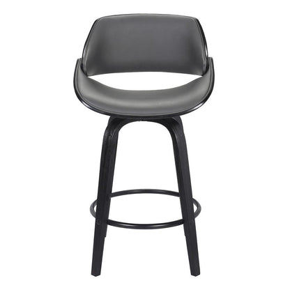 Mona Contemporary 26" Counter Height Swivel Barstool in Black Brush Wood Finish and Grey Faux Leather