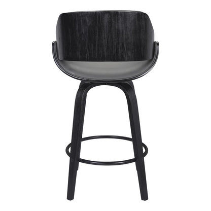 Mona Contemporary 26" Counter Height Swivel Barstool in Black Brush Wood Finish and Grey Faux Leather