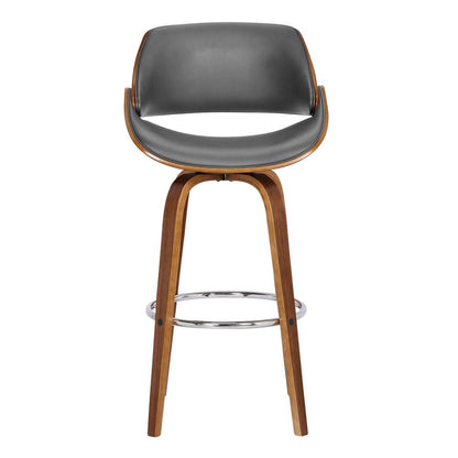 Swivel Counter Bar Stool with Walnut Wood Finish and Grey Faux Leather