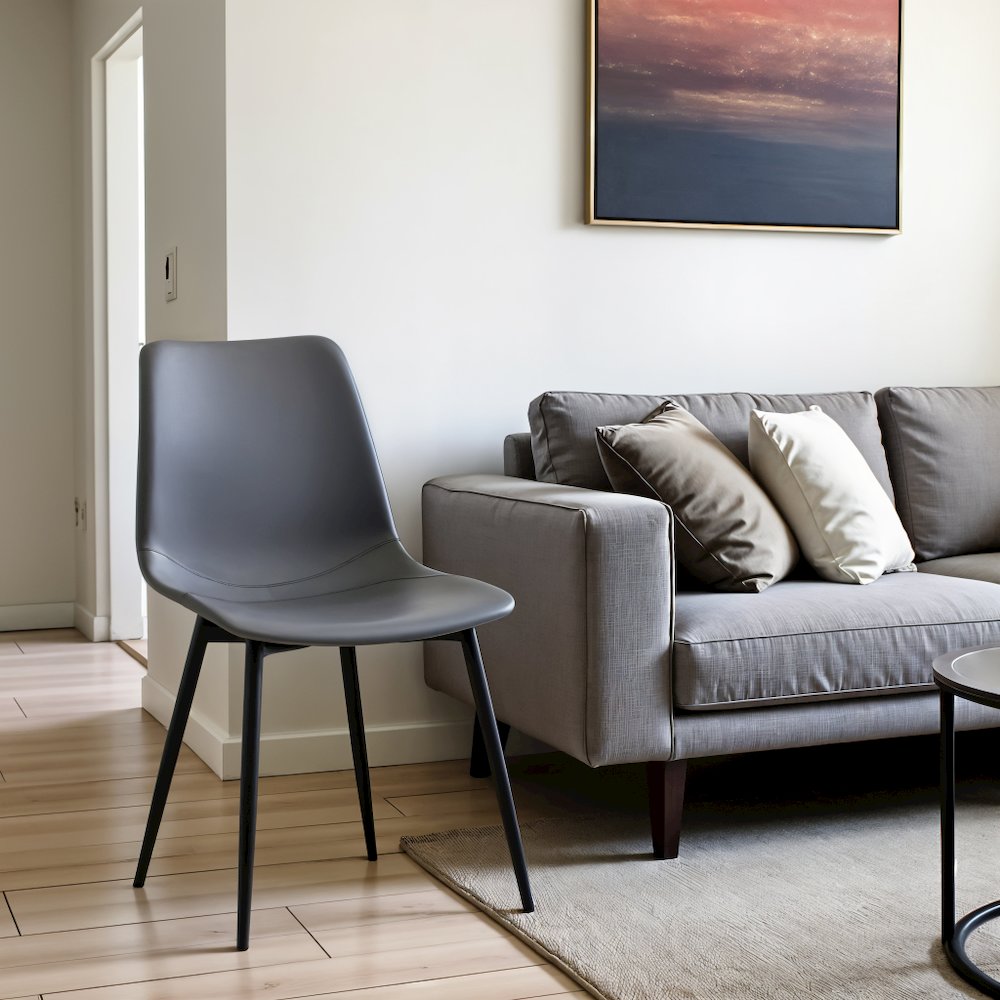 Gray Faux Leather Dining Chair with Black Powder-Coated Metal Legs