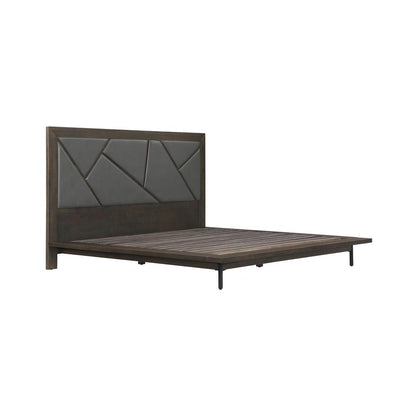 Marquis Queen Size Platform Bed Frame in Oak Wood with Faux Leather Headboard and Black Metal Legs