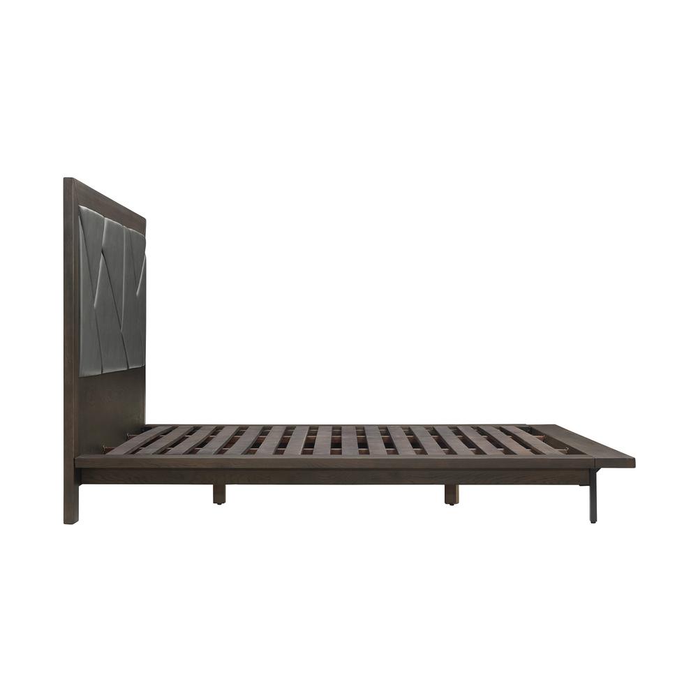 Marquis Queen Size Platform Bed Frame in Oak Wood with Faux Leather Headboard and Black Metal Legs