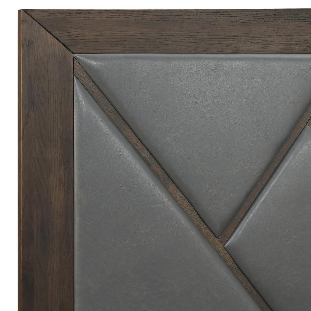 Marquis Queen Size Platform Bed Frame in Oak Wood with Faux Leather Headboard and Black Metal Legs