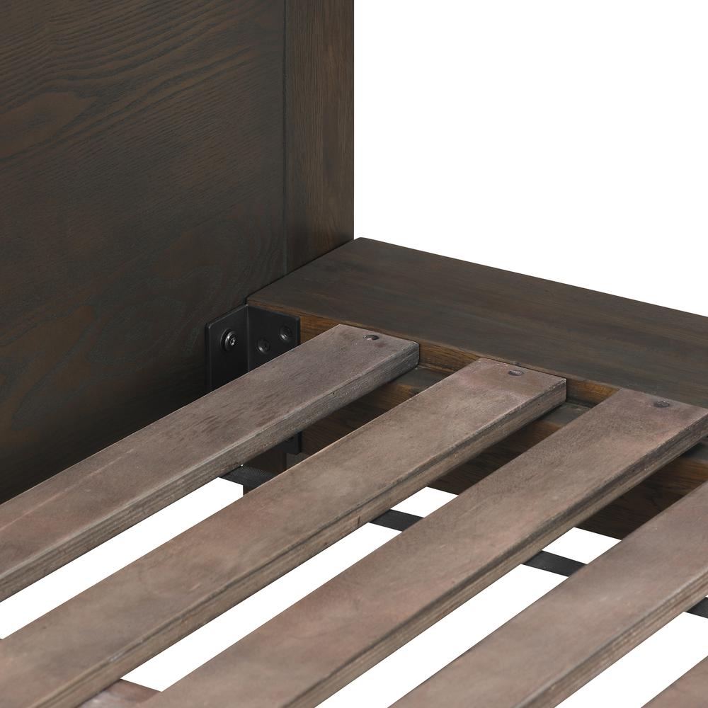 Marquis Queen Size Platform Bed Frame in Oak Wood with Faux Leather Headboard and Black Metal Legs