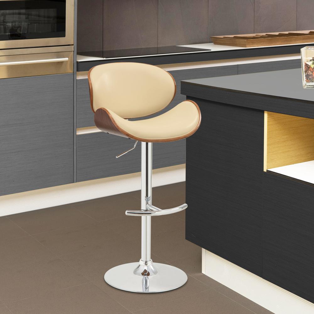 Armen Living Naples Swivel Barstool in Chrome finish with Cream Faux Leather and Walnut Veneer Back