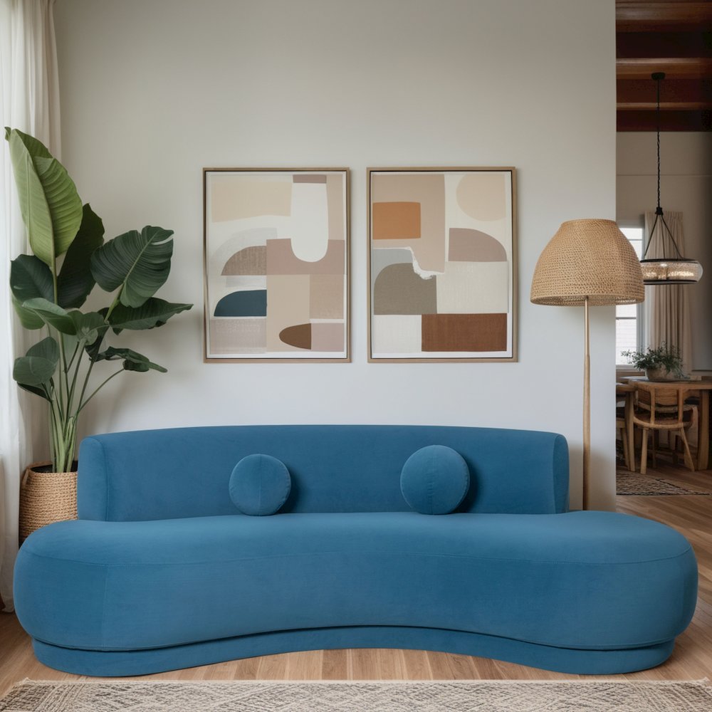 Oakland 97.5 in. 3-Seater Sofa in Blue Fabric with Oval Seat