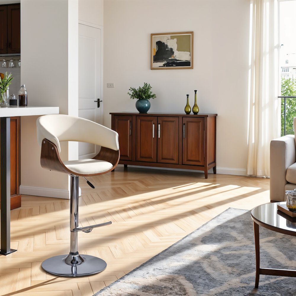 Swivel Bar Stool with Cream Leatherette Seat, Walnut Veneer, and Chrome Base