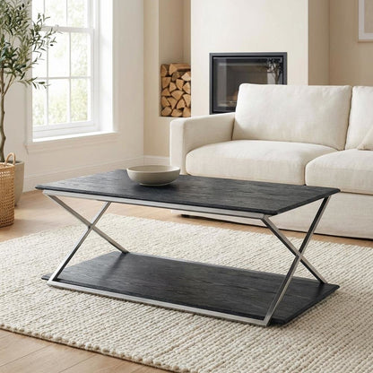 Black Veneer Coffee Table with Brushed Stainless Steel Frame and Sturdy Design
