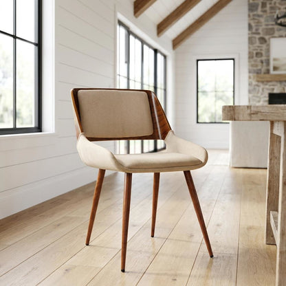 Mid-Century Modern Dining Chair in Wood with Fabric Seat and Arms, Walnut