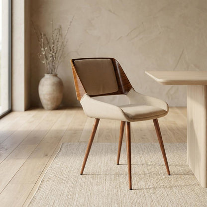 Mid-Century Modern Dining Chair in Wood with Fabric Seat and Arms, Walnut