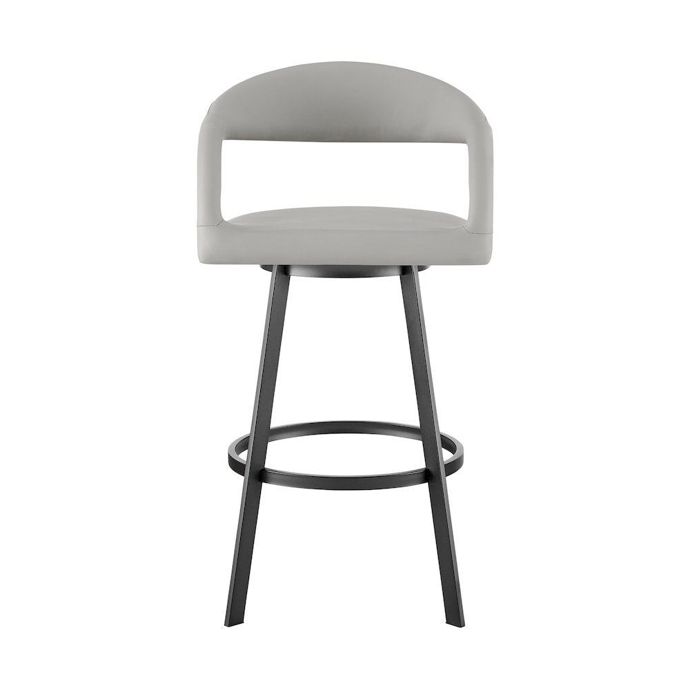 26" Swivel Counter Stool with Matte Black Iron and Light Gray Faux Leather