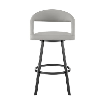 26" Swivel Counter Stool with Matte Black Iron and Light Gray Faux Leather