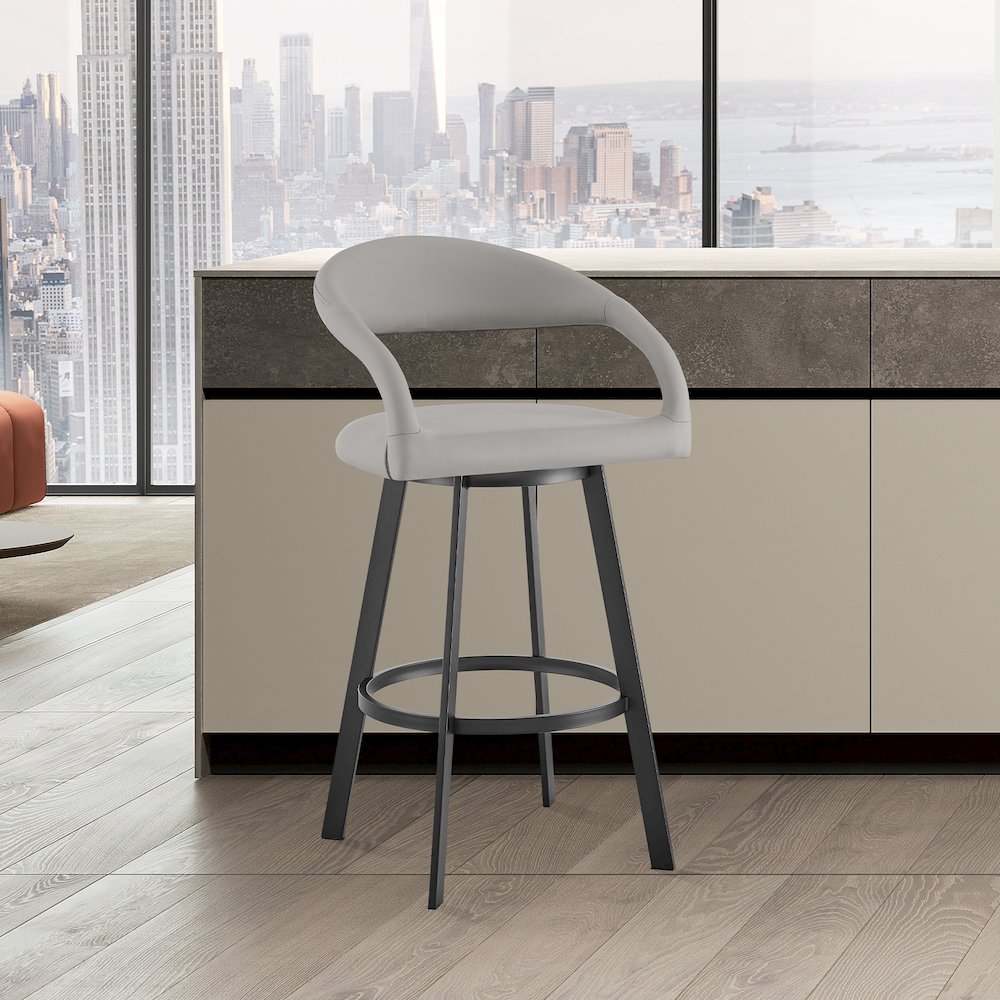 26" Swivel Counter Stool with Matte Black Iron and Light Gray Faux Leather