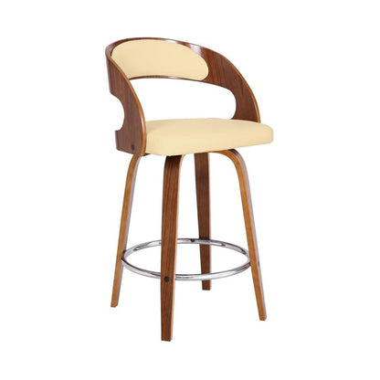 Swivel Counter Bar Stool with Walnut Wood Finish and Cream Faux Leather