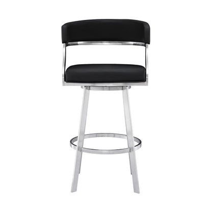 Saturn Contemporary 30" Bar Height Barstool in Brushed Stainless Steel Finish and Black Faux Leather