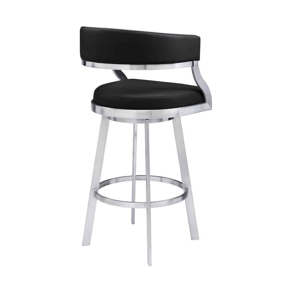 Saturn Contemporary 30" Bar Height Barstool in Brushed Stainless Steel Finish and Black Faux Leather