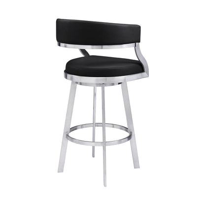 Saturn Contemporary 30" Bar Height Barstool in Brushed Stainless Steel Finish and Black Faux Leather