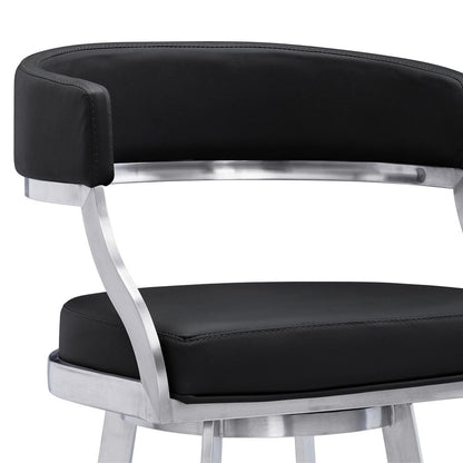 Saturn Contemporary 30" Bar Height Barstool in Brushed Stainless Steel Finish and Black Faux Leather