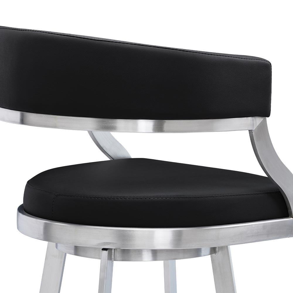 Saturn Contemporary 30" Bar Height Barstool in Brushed Stainless Steel Finish and Black Faux Leather