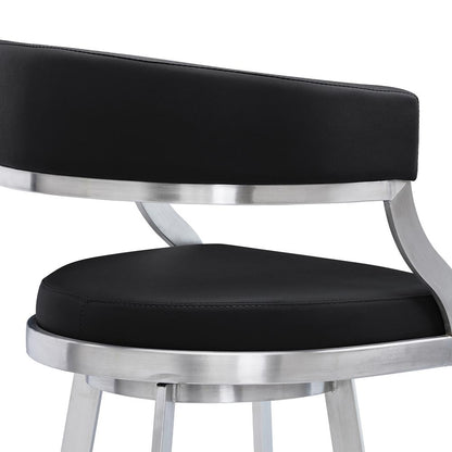 Saturn Contemporary 30" Bar Height Barstool in Brushed Stainless Steel Finish and Black Faux Leather