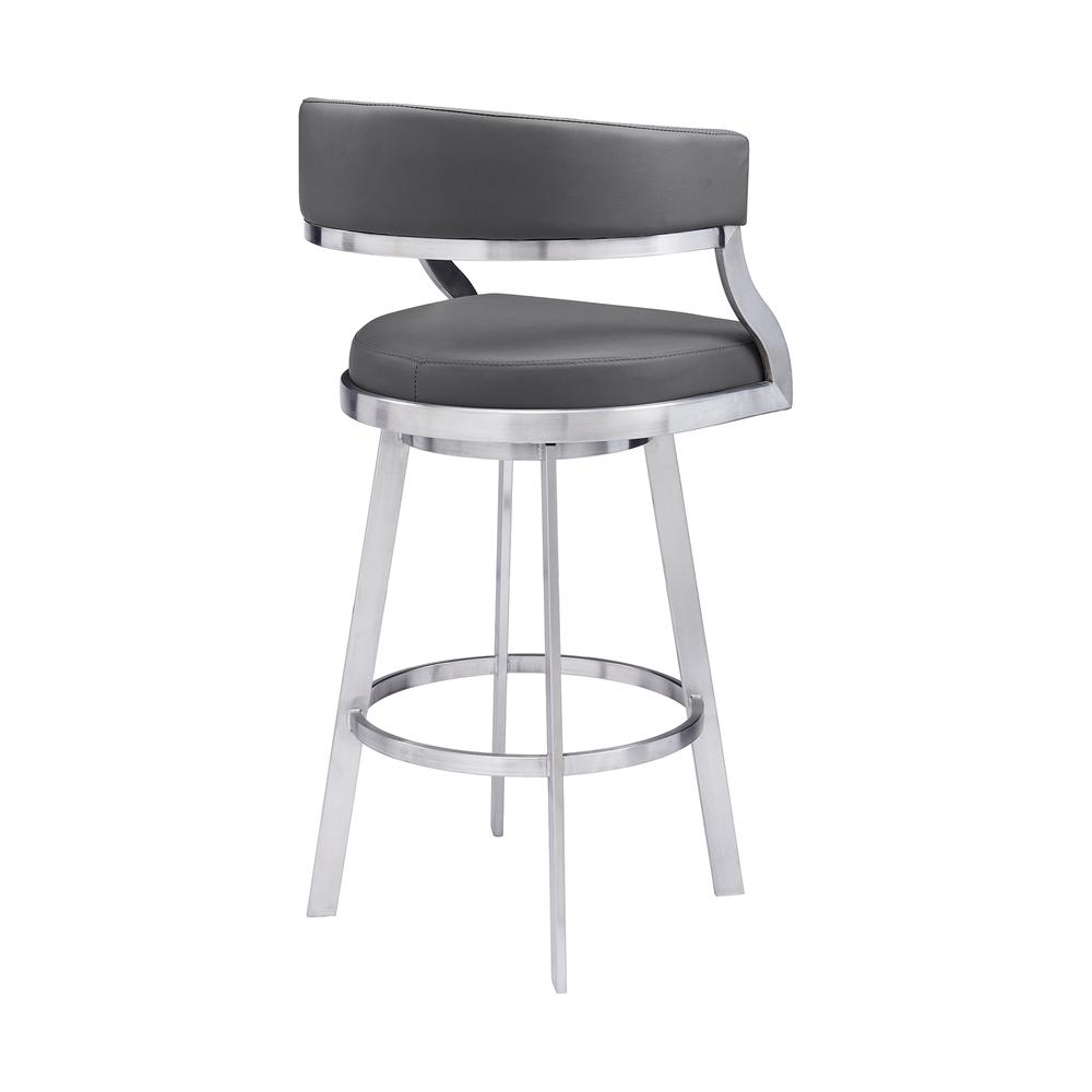 Saturn Contemporary 30" Bar Height Barstool in Brushed Stainless Steel Finish and Grey Faux Leather