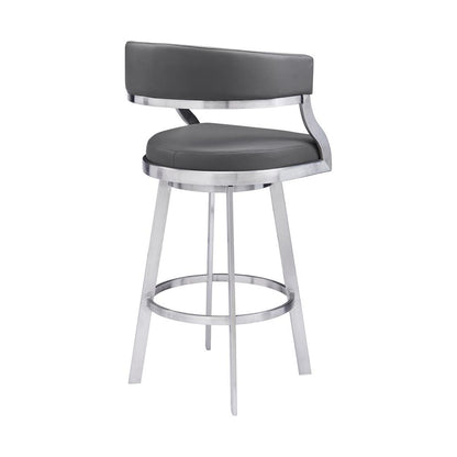 Saturn Contemporary 30" Bar Height Barstool in Brushed Stainless Steel Finish and Grey Faux Leather