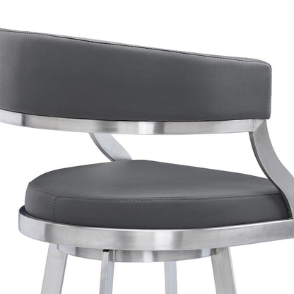 Saturn Contemporary 30" Bar Height Barstool in Brushed Stainless Steel Finish and Grey Faux Leather