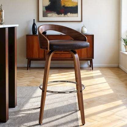 Brown Faux Leather Counter Stool with Walnut Wood and Steel Frame