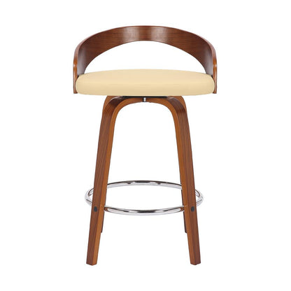 Swivel Counter Bar Stool with Cream Faux Leather and Walnut Wood Frame
