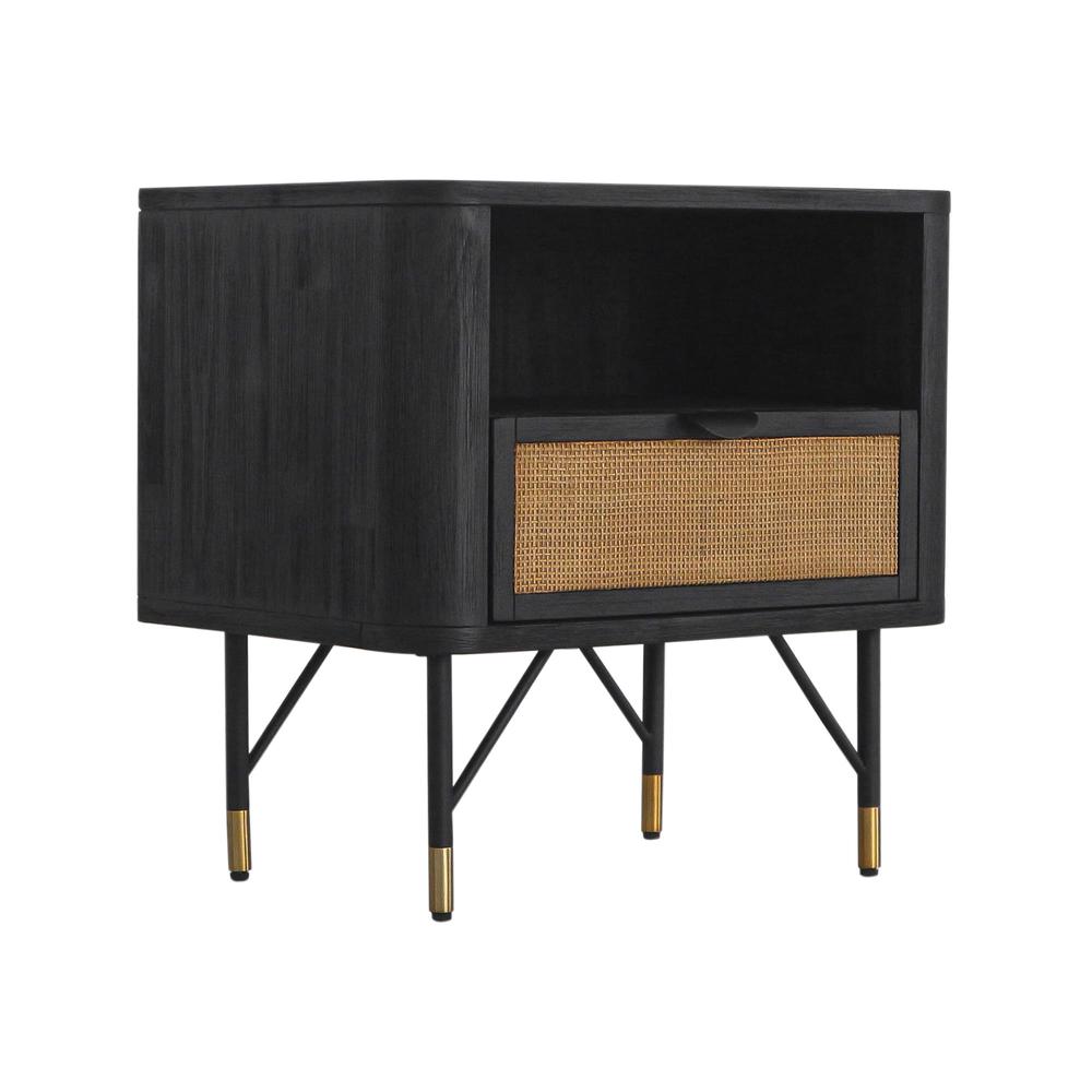 Saratoga Nightstand in Black Acacia with Rattan