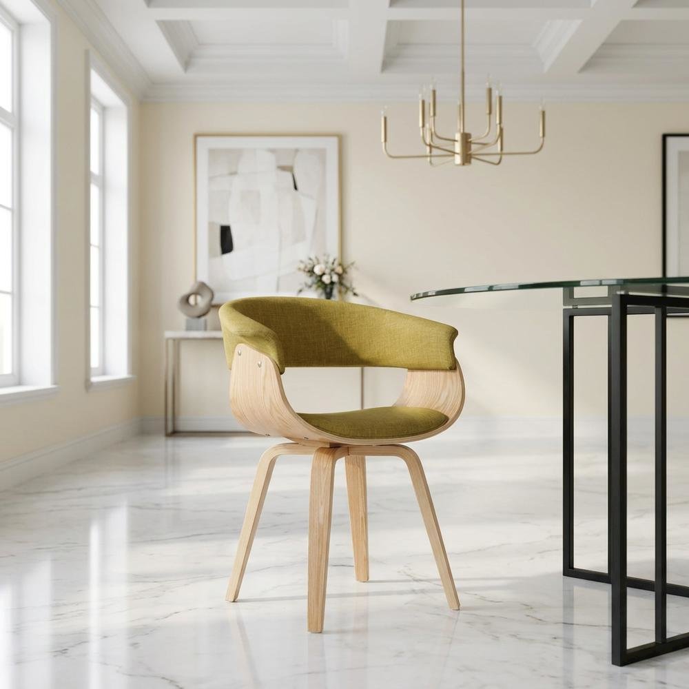 Polyester Upholstered Mid-Century Dining Chair, Barrel Back with Arms, Oak