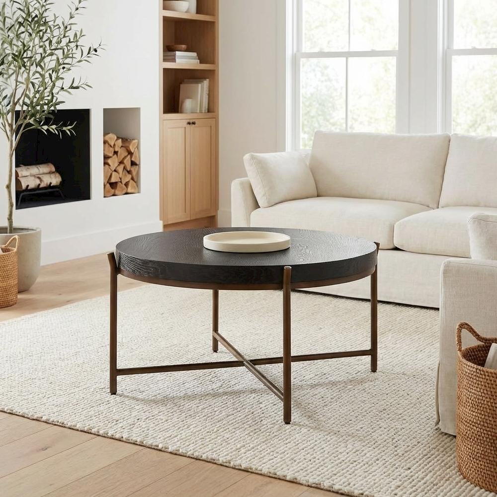Brushed Oak and Metal Round Coffee Table with Sturdy Frame and Modern Design