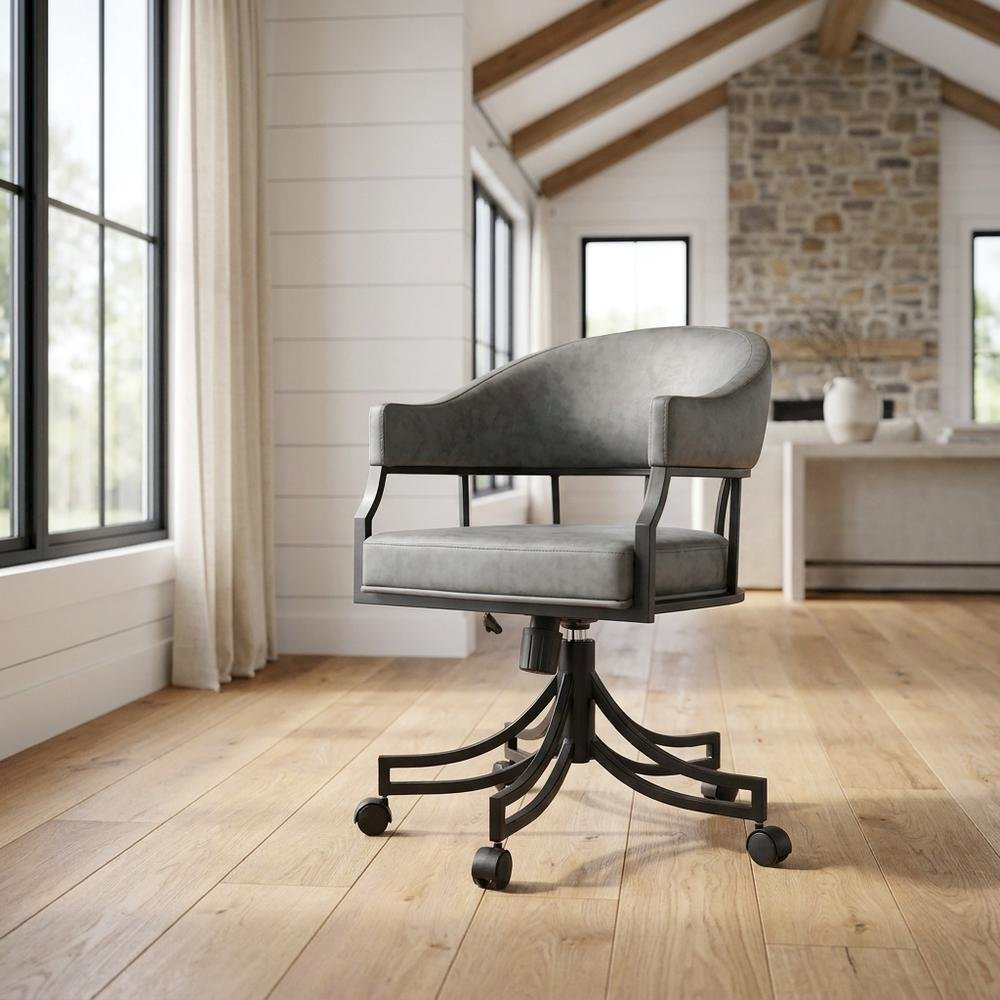 Faux Leather Upholstered Swivel Rolling Dining Chair with Arms, Vintage Gray